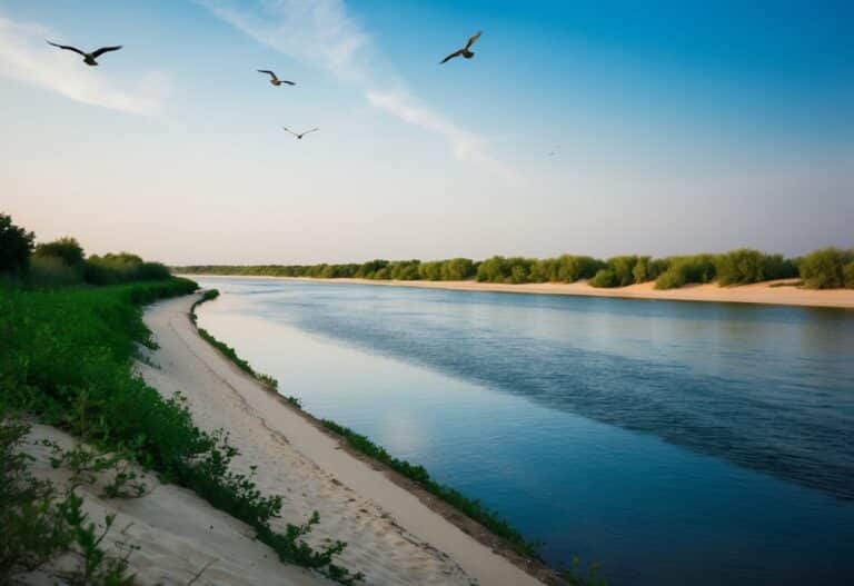 O Rio Eufrates flui calmamente por uma ampla margem de areia sob um céu azul sem nuvens. Vegetação verdejante margeia a beira do rio, e pássaros planam acima.