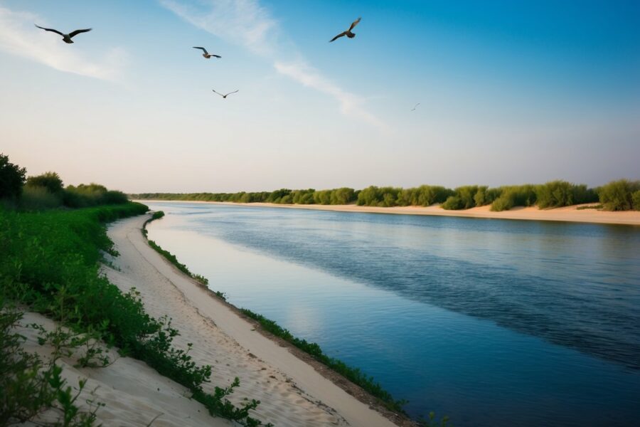 O Rio Eufrates flui calmamente por uma ampla margem de areia sob um céu azul sem nuvens. Vegetação verdejante margeia a beira do rio, e pássaros planam acima.