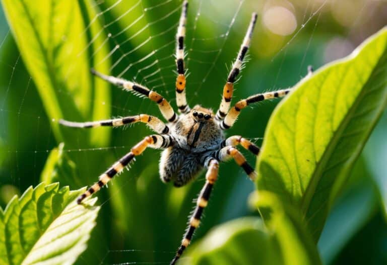 Uma aranha de jardim rasteja entre folhas verdes vibrantes, suas pernas listradas e teia intrincada capturando a luz do sol