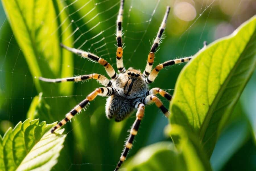 Uma aranha de jardim rasteja entre folhas verdes vibrantes, suas pernas listradas e teia intrincada capturando a luz do sol