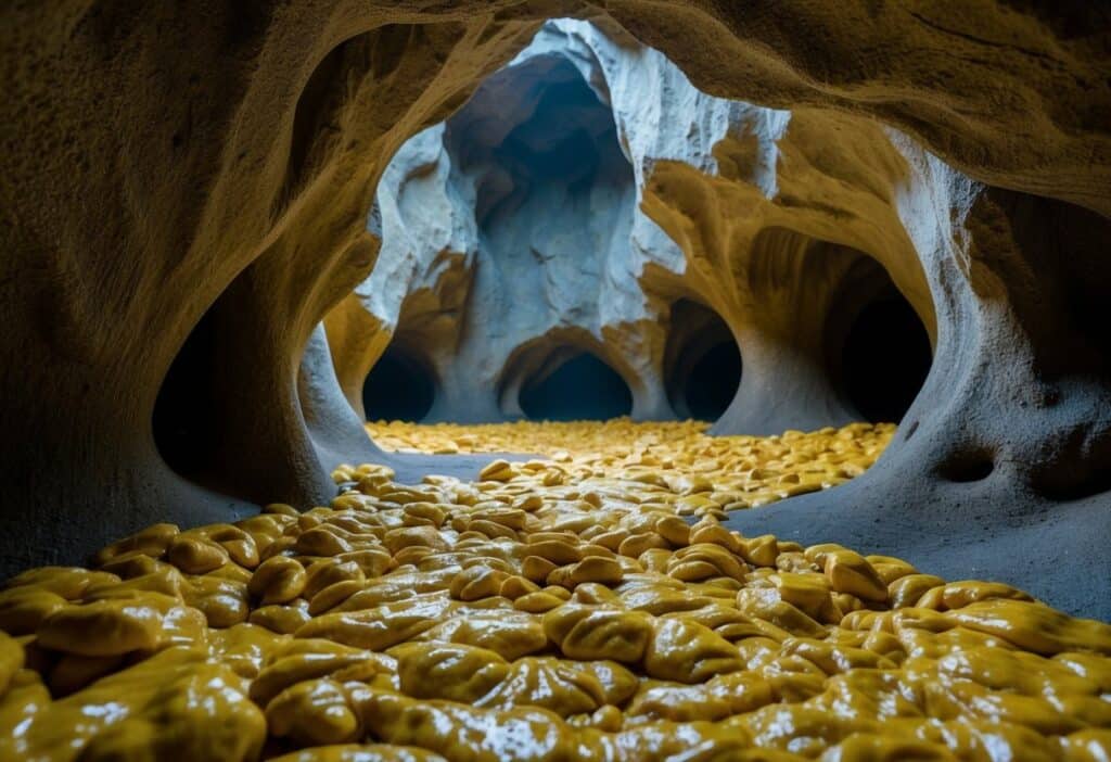 Uma caverna mal iluminada com formações rochosas orgânicas e sinuosas e um chão coberto por uma camada de uma massa macia e maleável de nozes.