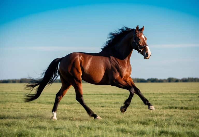 Um cavalo poderoso galopando por um vasto campo aberto sob um céu azul e brilhante