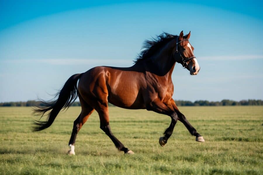 Um cavalo poderoso galopando por um vasto campo aberto sob um céu azul e brilhante