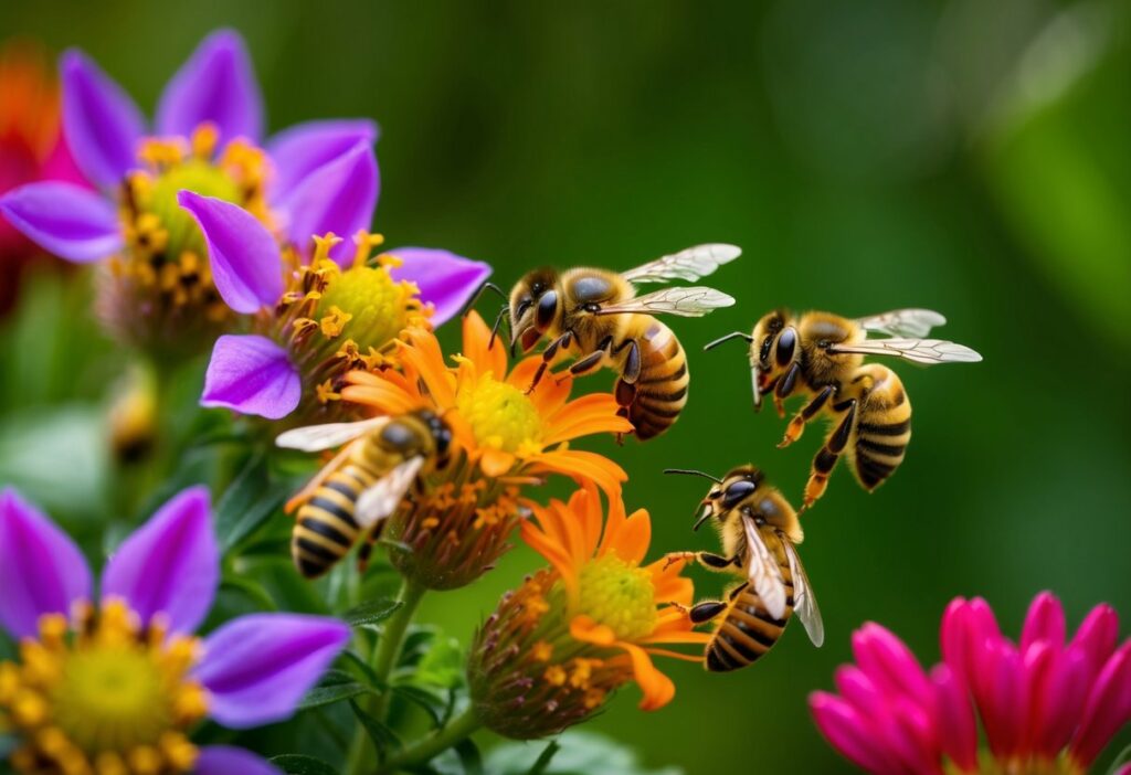 Uma variedade de abelhas mamangaba forrageando em flores vibrantes