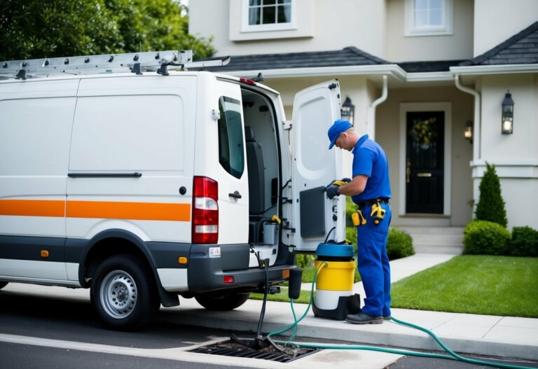 Uma van de encanador estacionada em frente a uma casa limpa e bem conservada com um ralo entupido. O encanador está usando equipamentos profissionais para desobstruir o bloqueio.