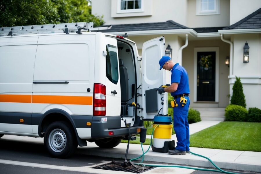 Uma van de encanador estacionada em frente a uma casa limpa e bem conservada com um ralo entupido. O encanador está usando equipamentos profissionais para desobstruir o bloqueio.