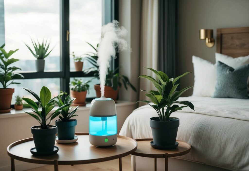 Um quarto aconchegante com um umidificador moderno em uma mesa de cabeceira, cercado por plantas em vasos e uma cama confortável.