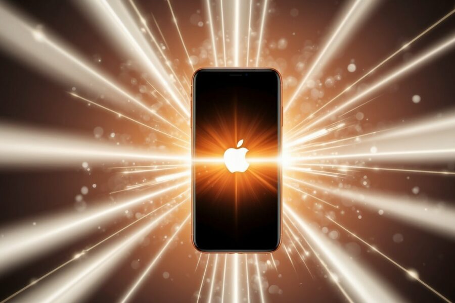 Um iPhone emitindo uma aura brilhante, cercado por feixes de energia