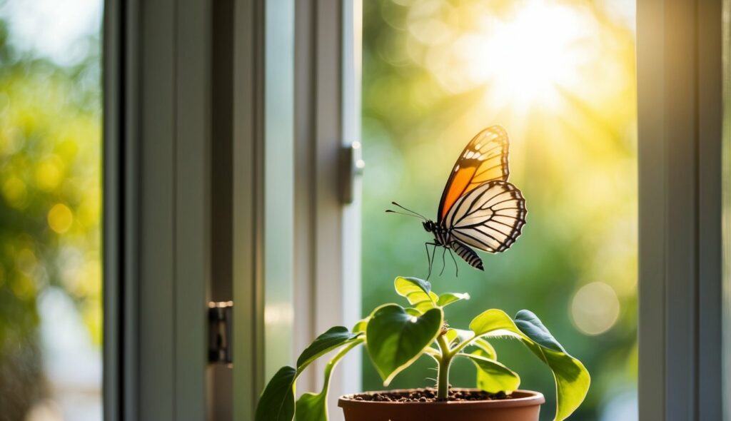 Uma borboleta voa através de uma janela aberta para um quarto iluminado pelo sol, pousando delicadamente em uma planta em vaso.