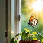 Uma borboleta voa através de uma janela aberta para um quarto iluminado pelo sol, pousando delicadamente em uma planta em vaso.