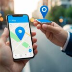 Uma pessoa segurando um telefone, com um aplicativo de mapa aberto e um marcador de localização caindo em um mapa de rua