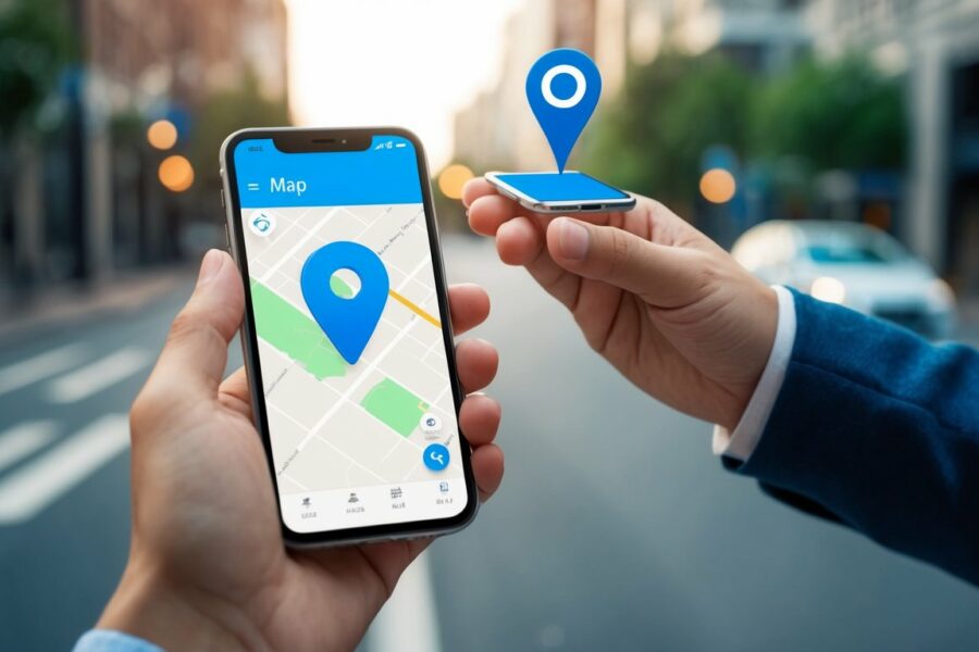 Uma pessoa segurando um telefone, com um aplicativo de mapa aberto e um marcador de localização caindo em um mapa de rua
