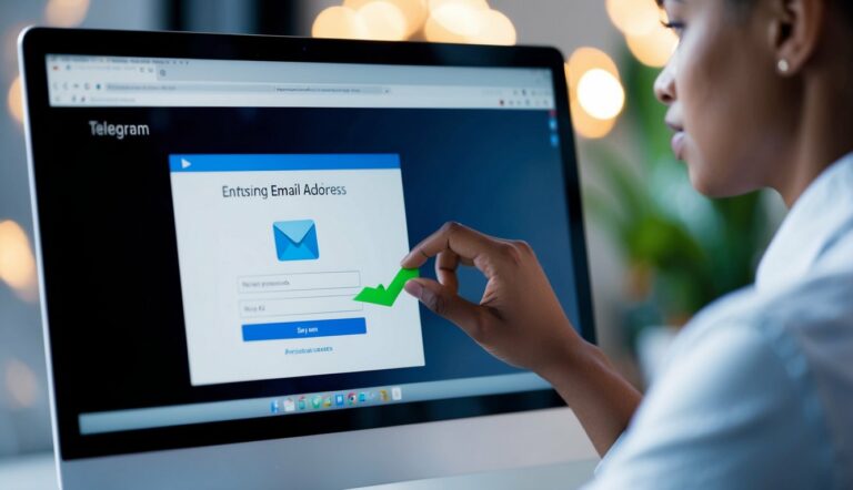 Uma tela de computador mostrando uma pessoa digitando seu endereço de e-mail em um formulário no site do Telegram