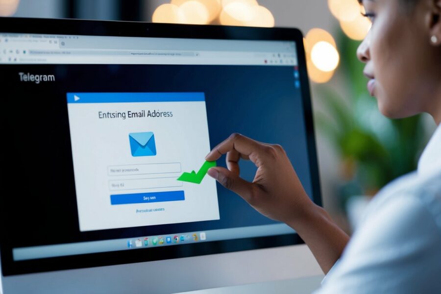 Uma tela de computador mostrando uma pessoa digitando seu endereço de e-mail em um formulário no site do Telegram