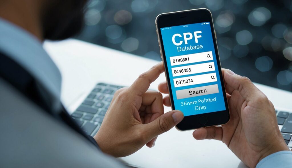 Uma pessoa usando um smartphone para acessar um banco de dados online, inserindo um número de CPF para pesquisar o registro do chip associado.