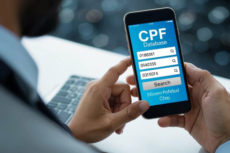 Uma pessoa usando um smartphone para acessar um banco de dados online, inserindo um número de CPF para pesquisar o registro do chip associado.