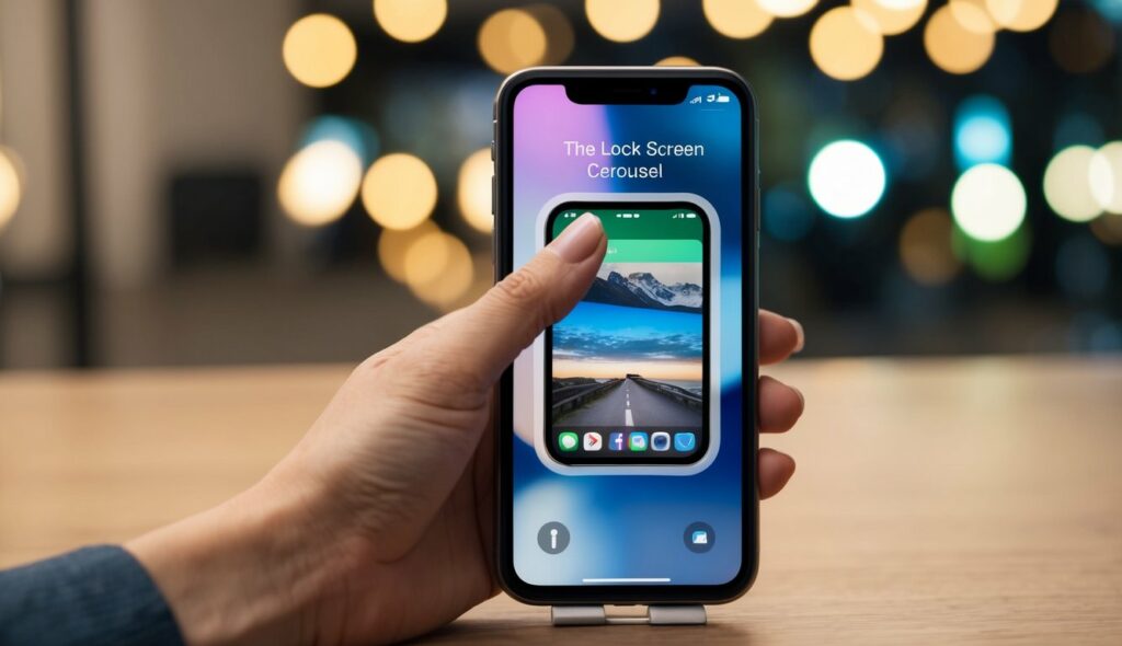 Uma mão alcançando o carrossel da tela de bloqueio, deslizando para cima para removê-lo da tela