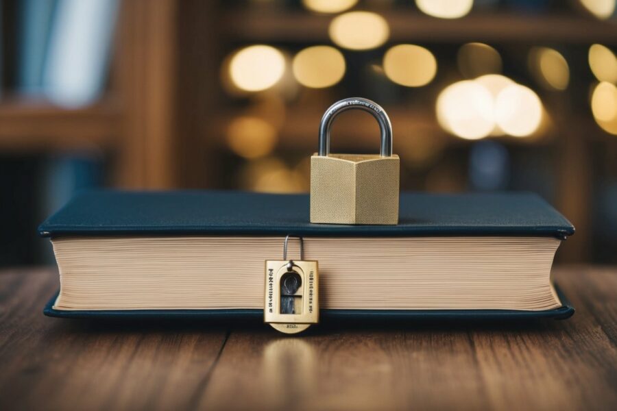 Um livro fechado com um cadeado, em cima de uma mesa de madeira