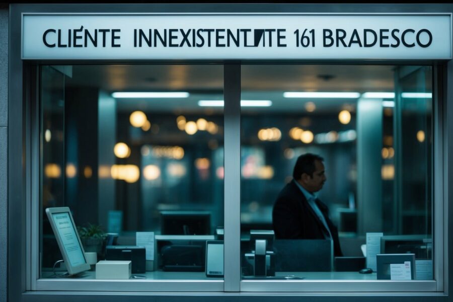 Uma janela de caixa eletrônico deserta com uma placa dizendo "Cliente Inexistente 161 Bradesco" e um cliente confuso olhando ao redor