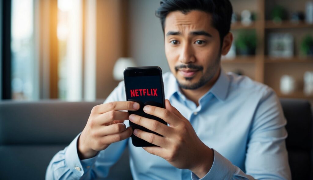 Uma pessoa segurando um smartphone com o aplicativo da Netflix aberto, olhando para a tela com uma expressão confusa.