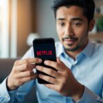 Uma pessoa segurando um smartphone com o aplicativo da Netflix aberto, olhando para a tela com uma expressão confusa.