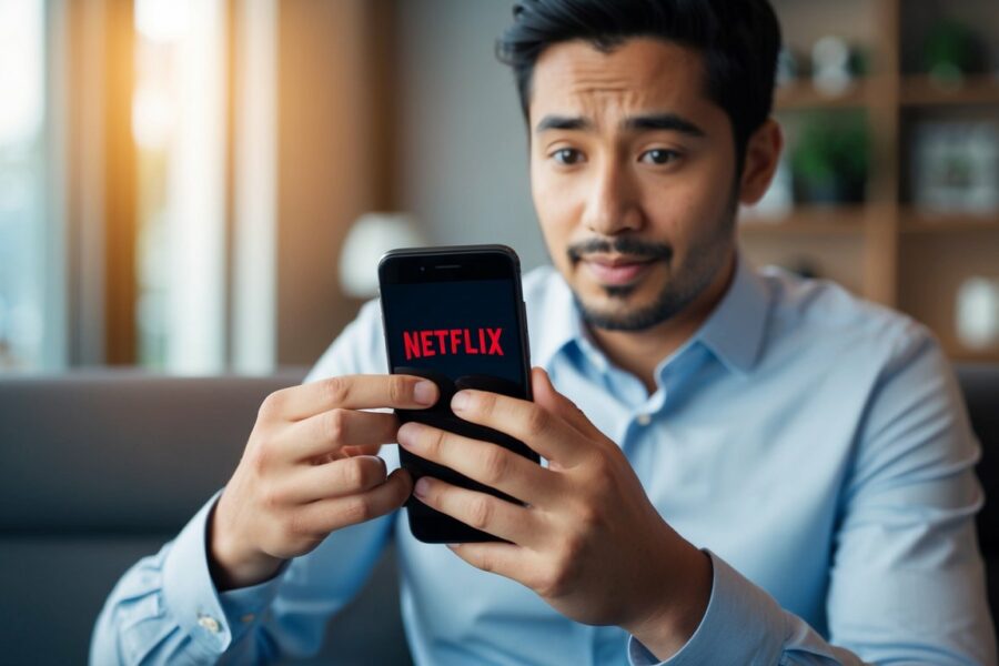 Uma pessoa segurando um smartphone com o aplicativo da Netflix aberto, olhando para a tela com uma expressão confusa.