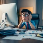 Um personagem perplexo olhando para uma tela de computador com uma expressão confusa, cercado por papéis espalhados e uma mesa desorganizada.