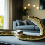 A cobra desliza por uma sala de estar mal iluminada, suas escamas brilhando na luz suave que filtra pela janela.