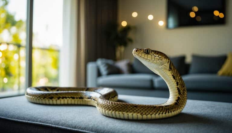 A cobra desliza por uma sala de estar mal iluminada, suas escamas brilhando na luz suave que filtra pela janela.