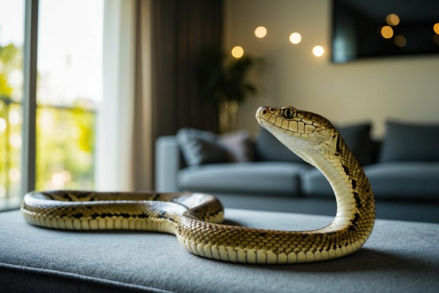 A cobra desliza por uma sala de estar mal iluminada, suas escamas brilhando na luz suave que filtra pela janela.