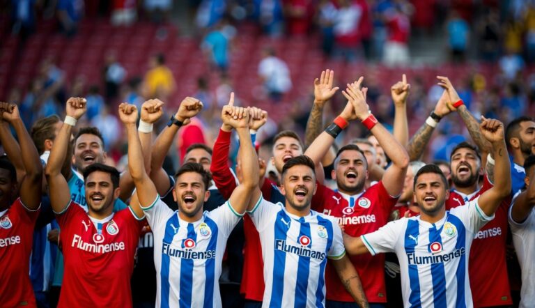 Um grupo de torcedores vestindo as cores do time Fluminense celebra um gol