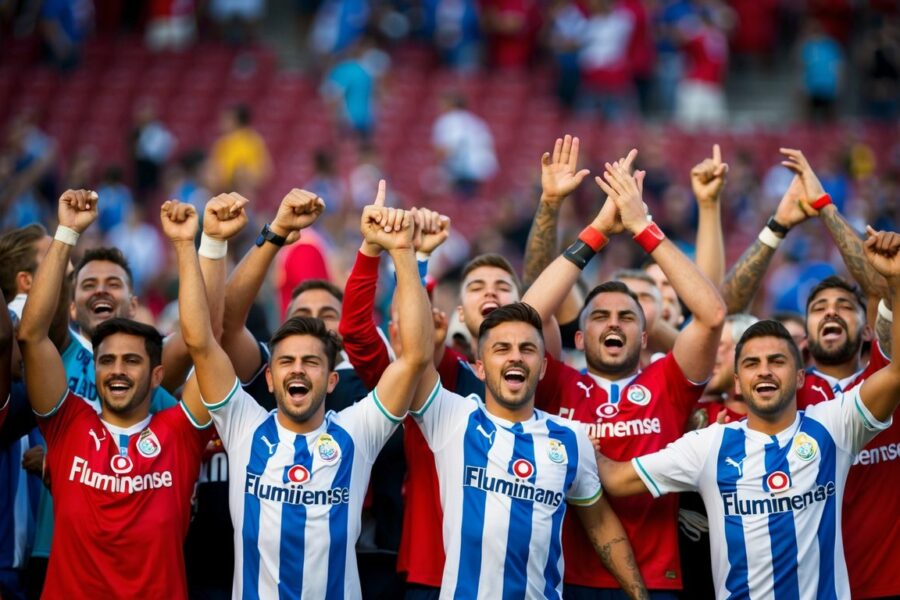 Um grupo de torcedores vestindo as cores do time Fluminense celebra um gol