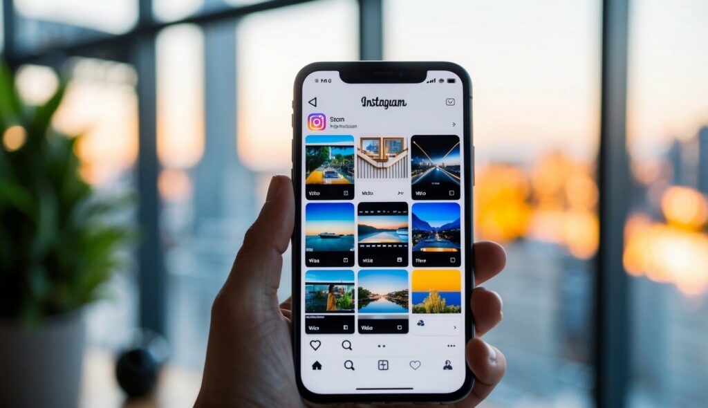 Um smartphone exibindo o aplicativo Instagram com uma série de miniaturas de vídeo visíveis na tela