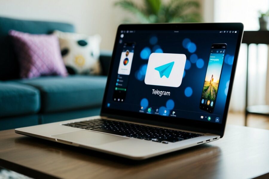 Um laptop aberto em uma mesa de café, com o aplicativo Telegram aberto e um filme sendo reproduzido na tela