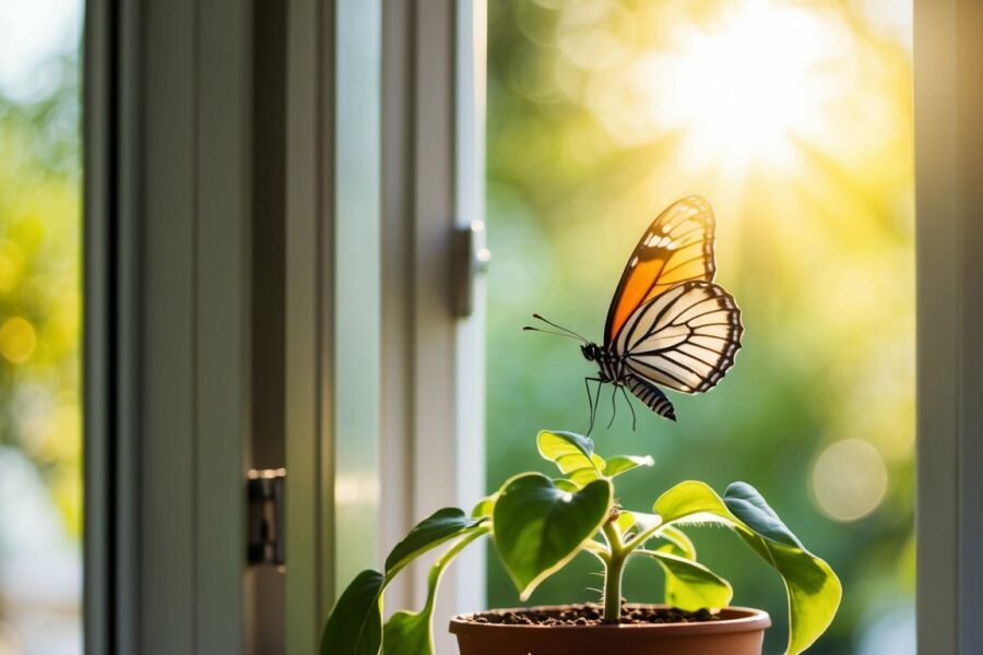 Uma borboleta voa através de uma janela aberta para um quarto iluminado pelo sol, pousando delicadamente em uma planta em vaso.