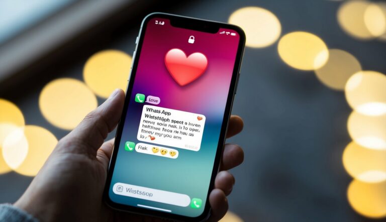 Um smartphone com um chat do WhatsApp aberto, com um emoji de coração e uma mensagem expressando amor
