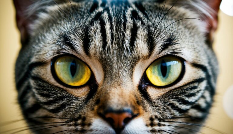 O olho de um gato cego, nublado e sem ver, com um leve brilho de luz refletindo na superfície brilhante