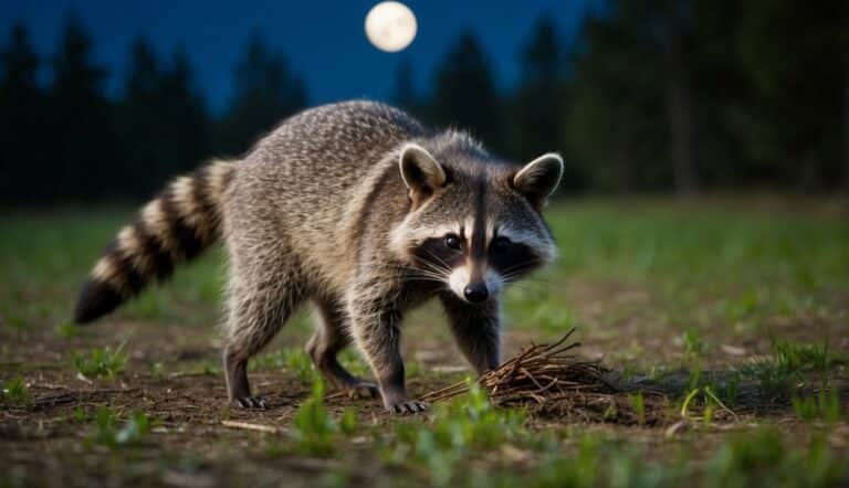 Uma criatura parecida com um guaxinim forrageando em uma clareira de floresta iluminada pela lua
