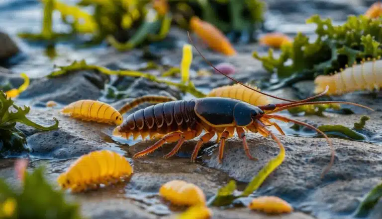 Uma poça de maré rochosa cheia de algas coloridas e pequenos crustáceos, incluindo o "piolho do mar", um minúsculo isópode marinho com corpo segmentado e longas antenas.