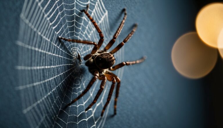 Uma aranha viúva-marrom rastejando em uma teia em um canto escuro
