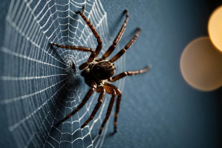 Uma aranha viúva-marrom rastejando em uma teia em um canto escuro