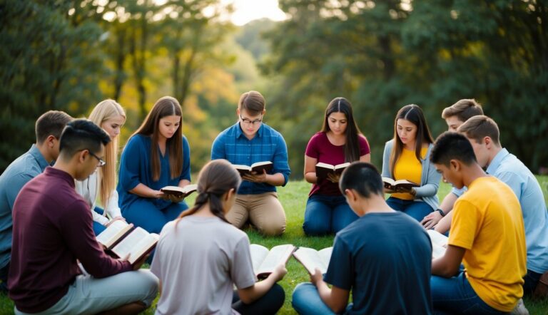 Um grupo de jovens cristãos se reuniu em um círculo, orando e lendo a Bíblia juntos em um ambiente sereno ao ar livre.