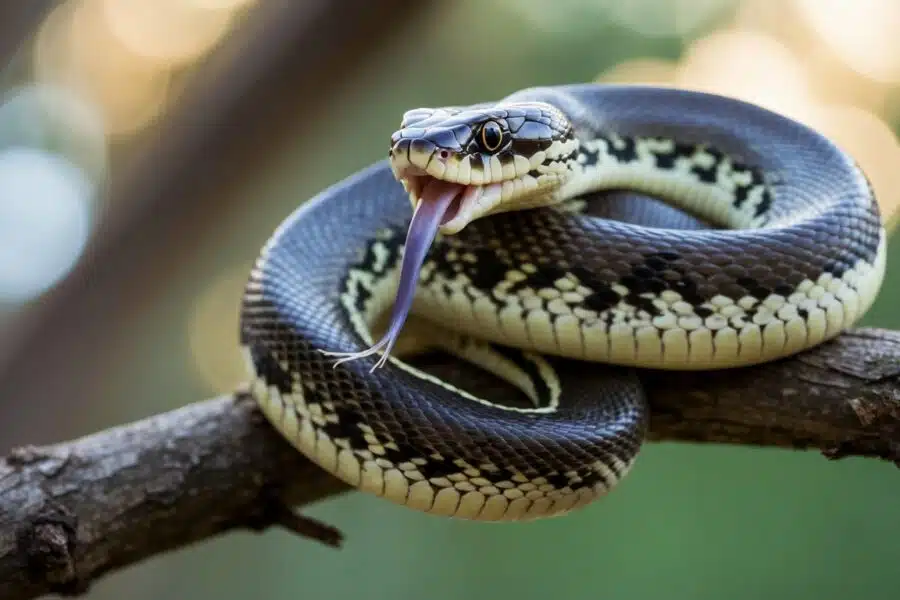 Uma cobra enrolada em um galho, piscando a língua, com um olhar venenoso em seus olhos