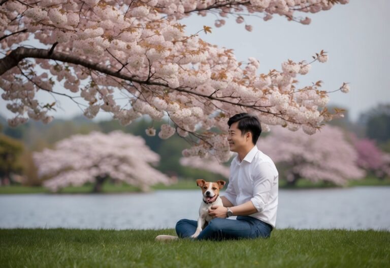 Uma paisagem serena com uma árvore de cerejeira em flor e um pequeno filhote de cachorro brincalhão aos pés de Son Ye-jin