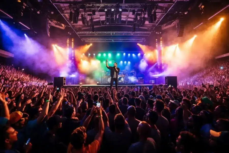 Um local de concerto lotado, cheio de fãs aplaudindo e luzes de palco coloridas, enquanto Gusttavo Lima se apresenta no palco.