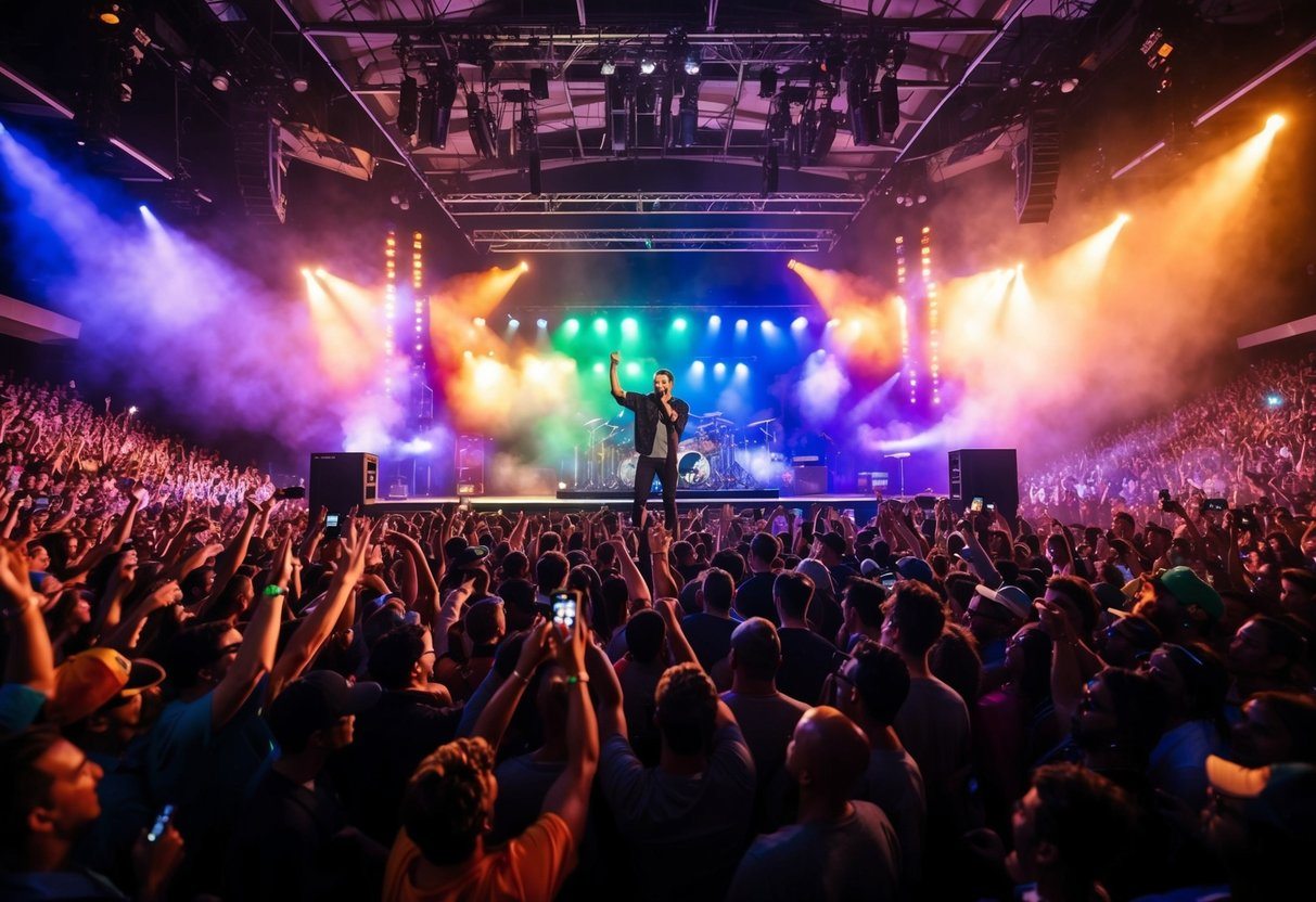 Um local de concerto lotado, cheio de fãs aplaudindo e luzes de palco coloridas, enquanto Gusttavo Lima se apresenta no palco.