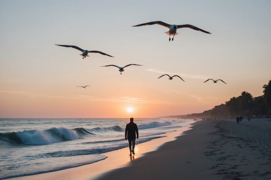 Uma praia serena ao pôr do sol com uma figura solitária caminhando ao longo da costa, gaivotas voando acima e ondas quebrando suavemente contra a areia.