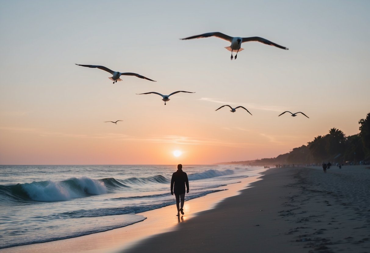 Uma praia serena ao pôr do sol com uma figura solitária caminhando ao longo da costa, gaivotas voando acima e ondas quebrando suavemente contra a areia.