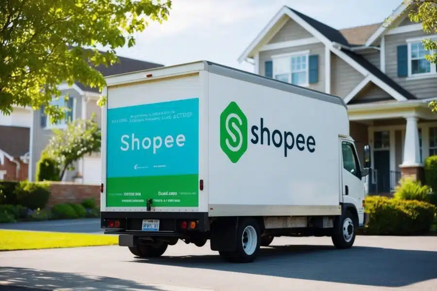 Um caminhão de entrega com o logo da Shopee estacionado do lado de fora de uma casa em uma ensolarada tarde de domingo