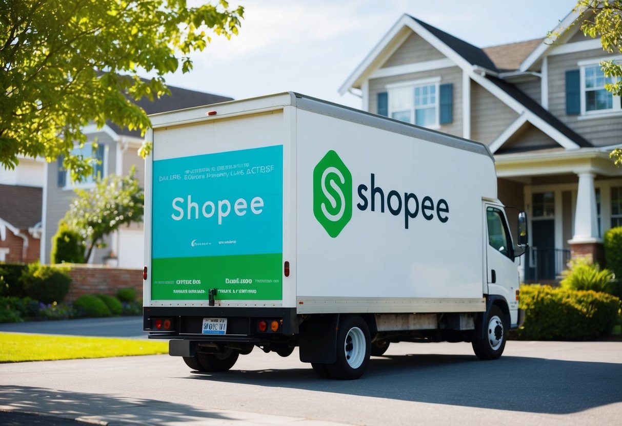 Um caminhão de entrega com o logo da Shopee estacionado do lado de fora de uma casa em uma ensolarada tarde de domingo